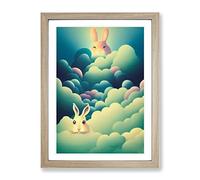 Rabbits In The Clouds Framed Print for Living Room Bedroom Home Office Décor, Wall Art Picture Ready to Hang, Oak A3 Frame (34 x 46 cm)