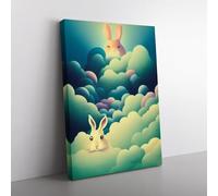 Rabbits In The Clouds Green, Teal, Teal Canvas Wall Art Print Ready to Hang, Framed Picture for Living Room Bedroom Home Office Décor, 76x50 cm (30x20 Inch)