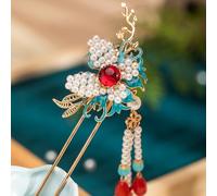 Rabithenn Burning Blue Branches with Butterfly and Pearl Tassels Chinese Hanfu Hair Clip Hair Accessories for Women Girls Long Hair (Burning Blue Branches)