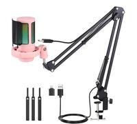 Rablue USB Gaming Microphone Kit for PC, RGB Condenser Microphone Podcast Mic with Monitoring Jack, Quick Mute, Gain Control, Recorded Arm support Twitch Mac PS4/5 (Pink)