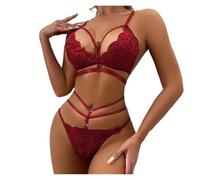 RABNZHDEO Bra Thongs Garters Set Women Lingerie Sexy Underwear Set Porn Sex Costumes Transparent Lace Babydoll Brassiere Panties(Wine Red,S)