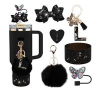 Rabrgab 6Pcs Black Stanley Cup Accessories Set - Butterfly Straw Topper Cover Cap, Bling Bow for Straw, Sparkly Silicone Boot, Letter Charm and Pompom for Stanley Cups Tumbler 40Oz 30Oz 20Oz J