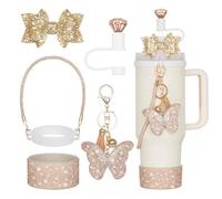 Rabrgab 6Pcs Gold Stanley Cup Accessories with Bling Handle Strap, Diamond Straw Topper Straw Cover Cap, Bling Bow, Diamond Boot, Bling Butterfly Charms for Water Bottle Tumbler 20oz 30oz 40oz