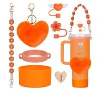 Rabrgab 7Pcs Orange Stanley Cup Accessories Set with Handle Strap, Love Heart/Flower Straw Topper Straw Cover Cap, Silicone Boot, Love Heart Charms for Water Bottle Tumbler 20oz 30oz 40oz