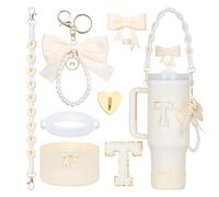 Rabrgab 7Pcs White Stanley Cup Accessories Set - Bow Straw Topper, Cute Bow Charm, Silicone Boot with Bow Design, Water Bottle Handle Strap and Letter Sticker for Cups Tumbler 40Oz 30Oz 20Oz T