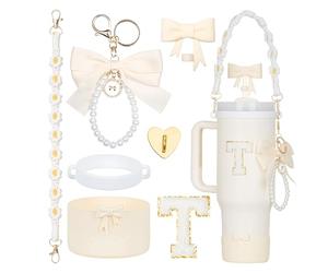 Rabrgab 7Pcs White Stanley Cup Accessories Set - Bow Straw Topper, Cute Bow Charm, Silicone Boot with Bow Design, Water Bottle Handle Strap and Letter Sticker for Cups Tumbler 40Oz 30Oz 20Oz T