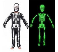 Rabtero Children Skeleton Costume, Halloween Skeleton Dress Up, White Skull Bone Jumpsuit with Hood Mask and Gloves, Glowing in The Dark for Kids 12-13 Years
