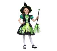 Rabtero Kids Halloween Witch Costume, Luxury Green Witch Dress with Hat, Halloween Witch Dress Up for Girls 5-6 Years