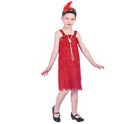 Rabtero Kids Roaring the 20s Fancy Dress Costume, Girls Flapper Dress with Pearl Necklace and Feather Headband, Gangster Flapper Dress for Girls, Red, Small 4-6