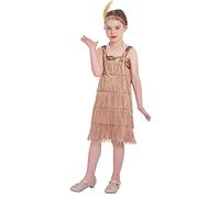 Rabtero Kids Roaring the 20s Fancy Dress Costume, Girls Flapper Dress with Pearl Necklace and Feather Headband, Gangster Flapper Dress for Girls, Golden, X-Large 10-12