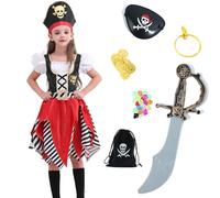 Rabtero Pirate Costume Kids, Luxury Girl's Pirate Fancy Dress with 7pcs Accessories, Kids World Book Day Book Week Fancy Dress Costume for Girls 7-8 Years