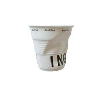 RabyLeo Unique Ceramic Mug with Crumpled Paper Cup Design，Printed Letters Artistic Irregular Shape, Perfect for Coffee, Tea, and Hot Beverages，Ideal for Home, Office (White & Letters, Small)