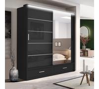RAC3 High Gloss LED Mirror Sliding Wardrobe with Drawers - 205 x 216cm in Black | Size: 205 x 216 cm RAC3 Black 205 x 216 cm
