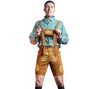 RAC3 Men's Bavarian Lederhosen Shorts - Real Suede Cowhide Leather Oktoberfest Outfit with Embroidered Suspenders (Golden, UK 36/ EU 52)