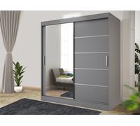 RAC3 Stylish Bedroom Sliding Wardrobe with LED Light - comes in White/Grey/Black/Oak and Width 120cm/150cm/180cm/203cm/250cm - 150cm - Grey - Modern