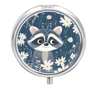 Raccoon and Daisy Flowers Cute Travel Pill Organizer Portable Small Round Medicine Case Box for Pocket Purse