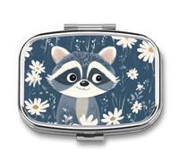 Raccoon and Daisy Flowers Cute Travel Pill Organizer Portable Small Square Medicine Case Box for Pocket Purse