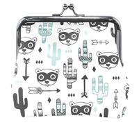Raccoon Arrow Cactus White Personalized Leather Coin Purse Women Cute Buckle Kiss Lock Coin Change Pouch Wallet, Raccoon Arrow Cactus White, OneSize