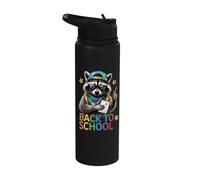 Raccoon Back to School Preppy Striped Retro Teacher Student Stainless Steel Insulated Water Bottle