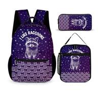 Raccoon Backpack with Lunch Box & Pencil Case, 16 Inch Cute Raccoons Themed Bookbag, Adjustable Lightweight Large Capacity, Colorful Daily Casual Animal Purple Backpacks Set with Lunch Bag