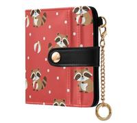 Raccoon Ball Red Print Small Women Wallet Leather RFID Blocking Bifold Compact Card Holder with Zipper Coin Pocket Purse for Girls Women Ladies