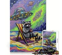 Raccoon Beach Vacation Under UFO Jigsaw 1000 Pieces for Teenagers Strengthen Memory Calm Relax Smooth Edge Amazing Present (50x75cm)