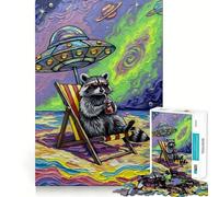 Raccoon Beach Vacation Under UFO Jigsaw Puzzles 1000 Piece for Teenagers Fine Logic Toy Easy Leisure Neat Edge Festival Gift (38x26cm)