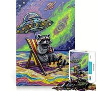 Raccoon Beach Vacation Under UFO Jigsaw Puzzles 1000 Pieces for Teenagers Raise Memory Easy Leisure Clean Edge Xmas Surprise (50x75cm)