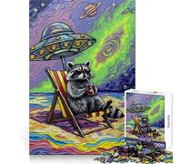 Raccoon Beach Vacation Under UFO Jigsaw Puzzles for Teenagers 1000 Pieces Recall Boost Gentle Relax Smooth Cut Stylish Gift (38x52cm)