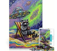 Raccoon Beach Vacation Under UFO Jigsaw Puzzles for Teenagers 1000 Pieces Recall Boost Gentle Relax Smooth Cut Stylish Gift (38x52cm)