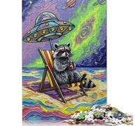 Raccoon Beach Vacation Under UFO Puzzle Unique Home Decor 100 Percent Recycled Cardboard Jigsaw Puzzle for Adult Children's Day Gifts 1000pcs (75x50cm)