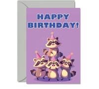 Raccoon Birthday Cards for Her Him - Party Animals Pyramid - Happy Birthday Card for Mum Dad Brother Sister Auntie Uncle Cousin Friend Family Colleague A5 Bday Greeting Cards