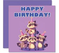 Raccoon Birthday Cards for Her Him - Party Animals Pyramid - Happy Birthday Card for Mum Dad Brother Sister Auntie Uncle Cousin Friend Family Colleague 145mm x 145mm Bday Greeting Cards
