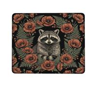 Raccoon Botanical Illustration Small Mouse Pad | Poppy Flowers, Fern Leaves, Botanical Illustration, Woodland Wildlife Theme, Dark Floral Aesthetic