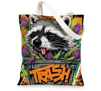 Raccoon Canvas Tote Bag, Colorful Animal Design Reusable Grocery Bag, Fun Eco-Friendly Lightweight Washable Canvas Bag for, Colorful, 13x15 Inch