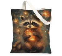 Raccoon Canvas Tote Bag for Women, Fanciful Playful Sparks Bubbles Celebration Brown Washable Reusable Market Tote Ideas Fo, Brown, 13x15 Inch