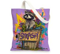 Raccoon Canvas Tote Bags, Cute Animal Art Pattern Reusable Grocery Bags, Fun Lightweight Washable Shoulder Strap Bags for T, Violet, 13x15 Inch
