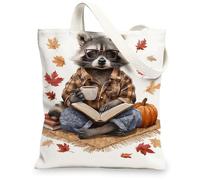 Raccoon Canvas Tote Bags, Cute Animal Fall Design Reusable Grocery Bags, Cozy Rustic Lightweight Washable Shoulder Strap Ba, White, 13x15 Inch