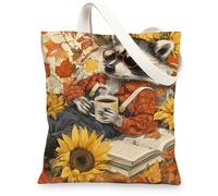Raccoon Canvas Tote Bags, Cute Animal Floral Pattern Reusable Shopping Bags, Cozy Autumn Design Lightweight Washable Shoulder Strap Tote for Daily Use 13x15 Inch