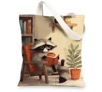 Raccoon Canvas Tote Bags, Cute Animal Pattern Reusable Shopping Bags, Lightweight Washable Shoulder Cozy Fancy Ba, beige, 13x15 Inch