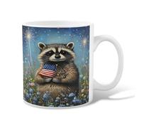 Raccoon Ceramic Coffee Mug, Festive Fanciful America Flag Flowers Independence Day Blue Novelty Hot Chocolate Mug with Handle Ideal for Friends Family Coworkers Teachers Couples Employees 11 Oz