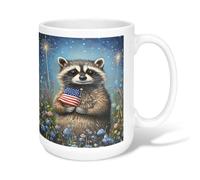 Raccoon Ceramic Coffee Mug, Festive Fanciful America Flag Flowers Independence Day Blue Novelty Tea Cup with Handle Ideal for Friends Family Co-Worker Lovers Eldership Senior 15 Oz