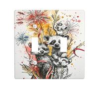 Raccoon Double Light Switch Cover Plate, Fanciful Nature Fireworks Floral Autumn Yellow Plastic Standard Size Switch Plate Decorative for New Apartment Home Bedroom Office Decor