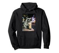 Raccoon Drinking Iced Coffee in Miami Streets Funny Animal Pullover Hoodie