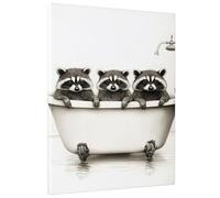 Raccoon Family Bathtub Canvas Wall Art, Monochrome Animal Illustration Print, Fanciful Home Decor for Living Room, Bedroom, Bathroom, Nursery, Playful 8x12 Inch