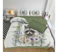 Raccoon Flowers Green Leaves Bedding Super King Bed Set, Watercolor Forest Animals Reversible Duvet Cover, Soft Brushed & Easy Care Quilt Cover and 2 Pillowcases with Zipper Closure, 260x220cm