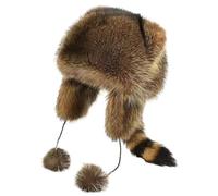 Raccoon Hat for Kids Soft Cozy Thick Warm Furry Hat Cute Coonskin Hat with Tail Adjustable Scene Hat for Cold Weather L Furry Hat Racoon Hat Furs Hat