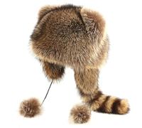 Raccoon Hat for Kids Warm & Thick Racoon Hat with Plush Furry Tail Round Top Coonskin Cap for Cold Weather Winter Costume Headwear. Brown