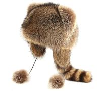 Raccoon Hat for Kids Warm & Thick Racoon Hat with Plush Furry Tail Round Top Coonskin Cap for Cold Weather Winter Brown