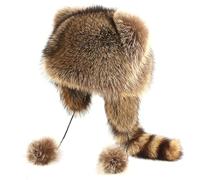 Raccoon Hat for Kids Warm & Thick Racoon Hat with Plush Furry Tail Round Top Coonskin Cap for Cold Weather Winter Raccoon Coonskin Racoon Brown